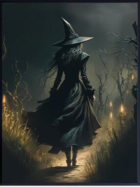 Unframed Canvas Print Witch on Candle Lit Forest Path Dark Academia Gothic